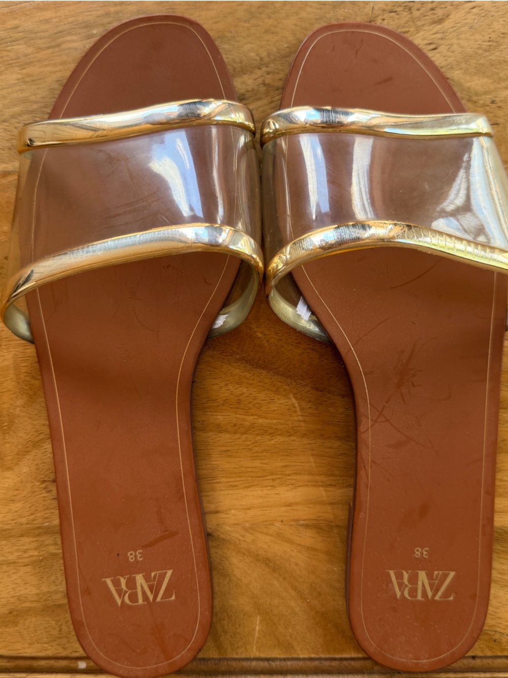 ZARA Clear PVC Slide Sandals with Gold Trim and Brown Footbed
